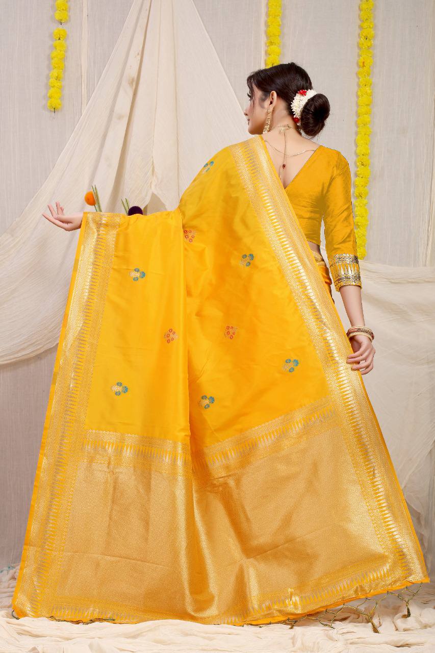 Golden Yellow Satin Silk Saree With Handmade Tassels On Pallu – kreationbykj