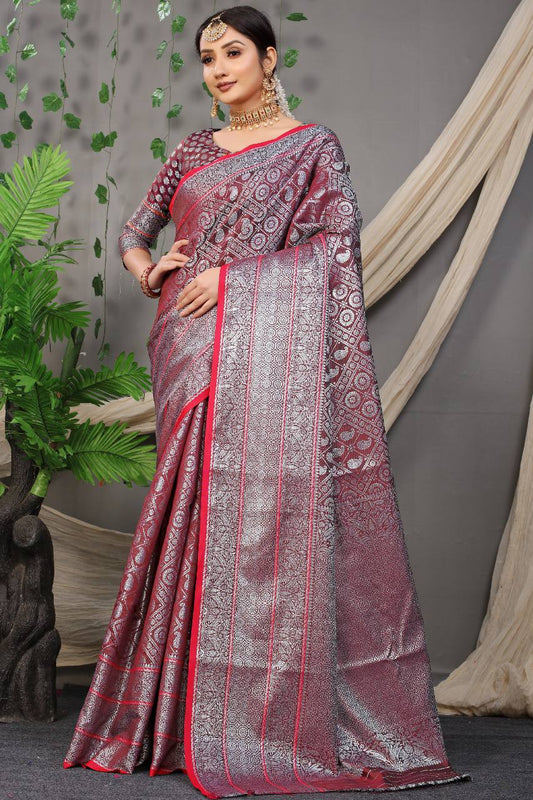 Beautiful Red Colour With Lichi Soft Silk Saree With Weaving Silver