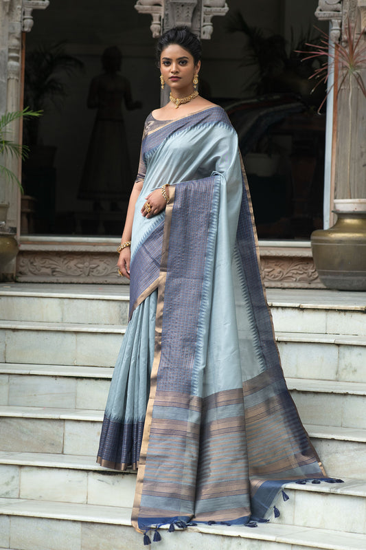 Grey Ikkat Silk Saree With Jhalar