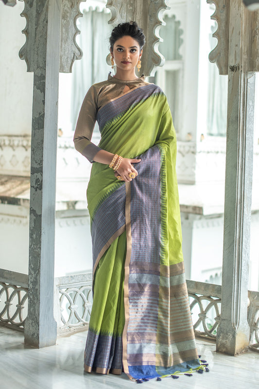 Olive Green Ikkat Silk Saree With Jhalar