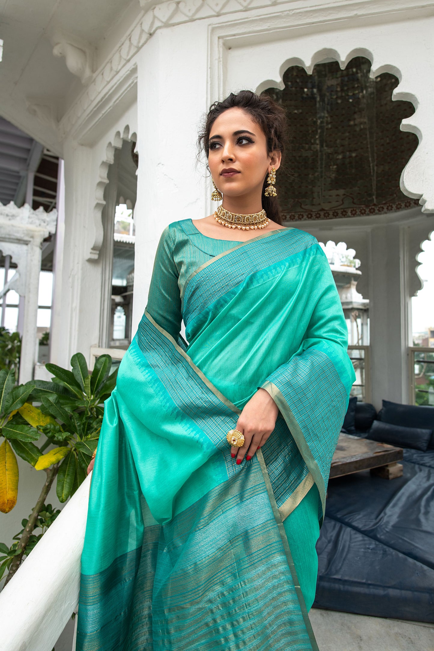 Sea Green Ikkat Silk Saree With Jhalar