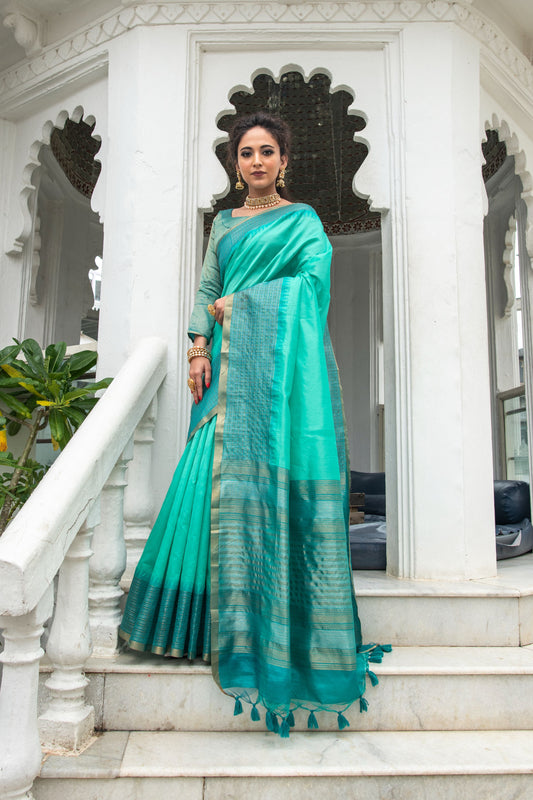 Sea Green Ikkat Silk Saree With Jhalar