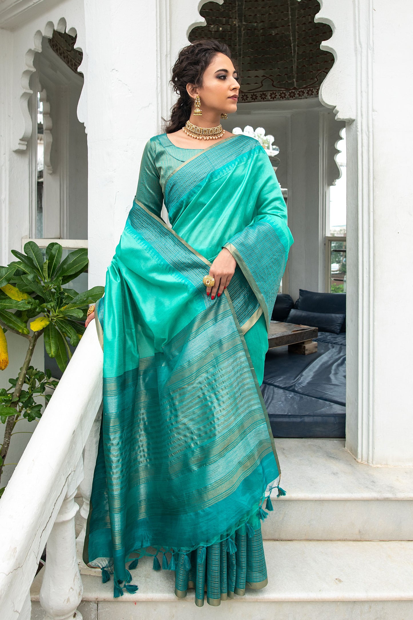 Sea Green Ikkat Silk Saree With Jhalar