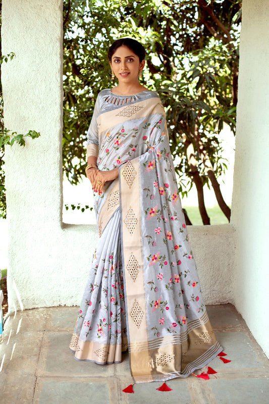 Grey Mysore Silk Saree With Swarovski Diamond