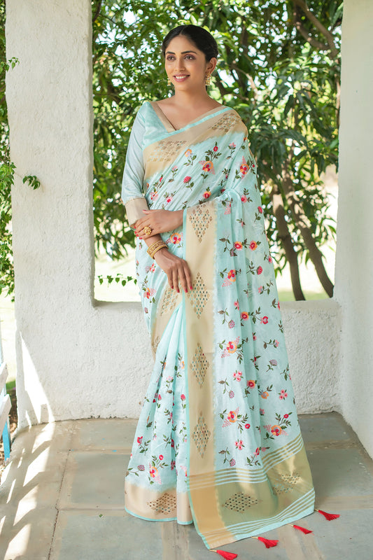 Sea Green Mysore Silk Saree With Swarovski Diamond