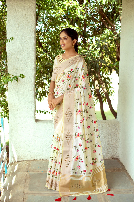 Light Yellow Mysore Silk Saree With Swarovski Diamond