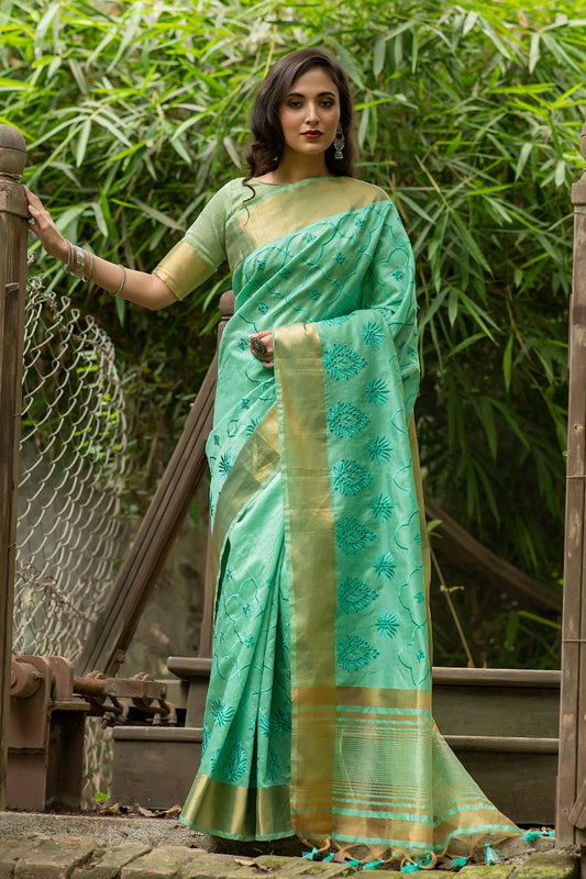 Teal Aasam Silk Embroidered Saree