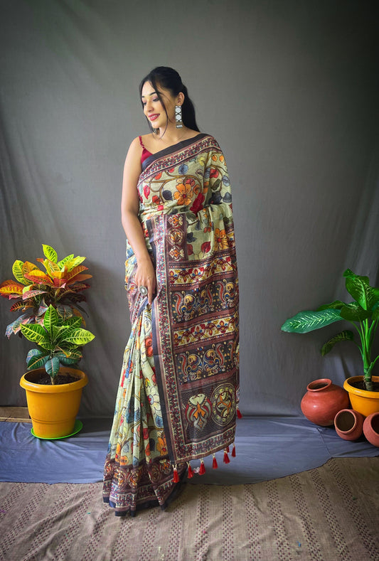 Yellow Cotton Sarees With Kalamkari Digital Printed