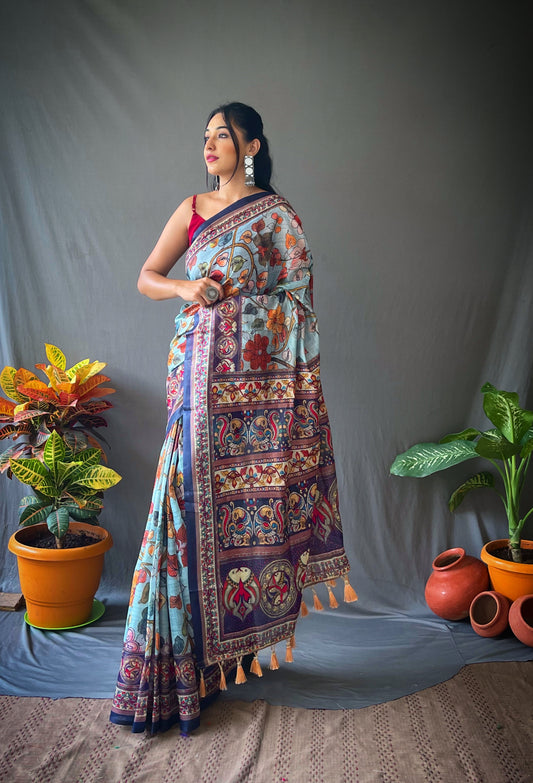 Sky Blue Cotton Sarees With Kalamkari Digital Printed