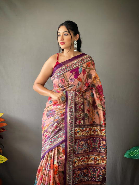 Peach Cotton Sarees With Kalamkari Digital Printed