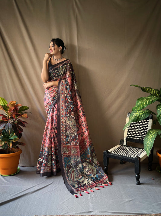 Pink Cotton Sarees With Kalamkari Digital Printed