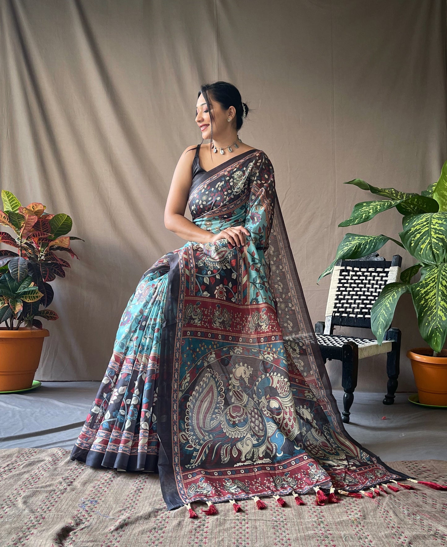 Blue Cotton Sarees With Kalamkari Digital Printed