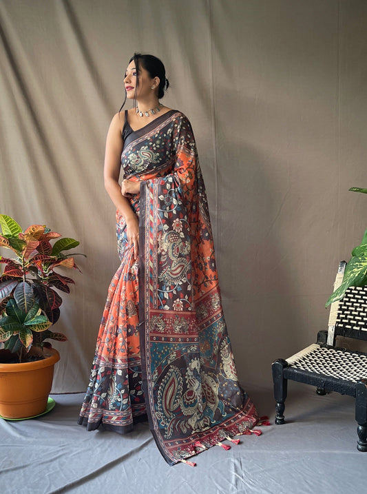 Orange Cotton Sarees With Kalamkari Digital Printed