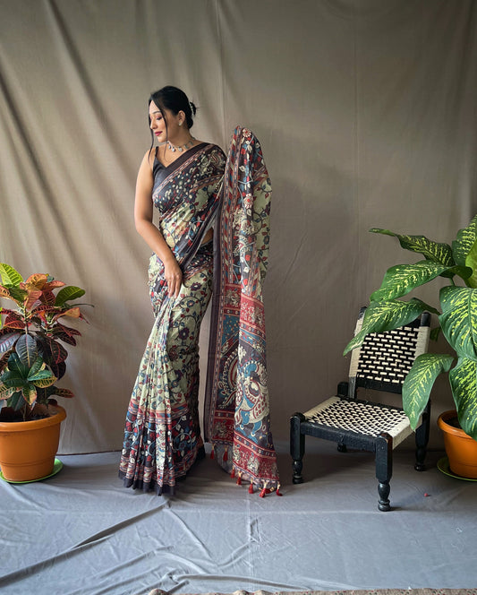 Grey Cotton Sarees With Kalamkari Digital Printed