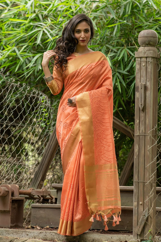 Peach Assam Silk Embroidered Saree