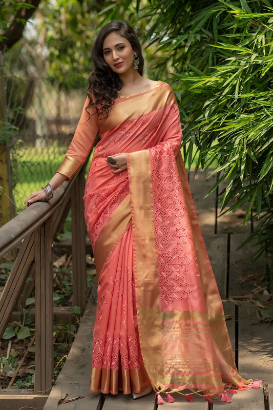 Pink Assam Silk Embroidered Saree