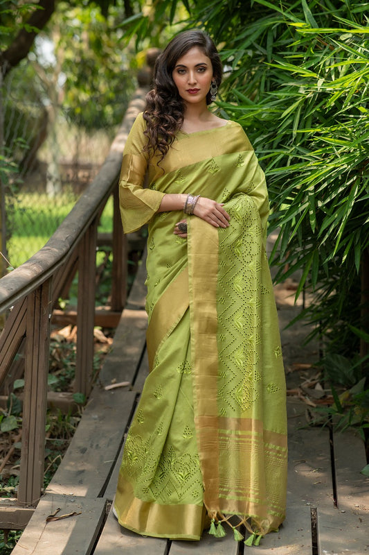 Green Assam Silk Embroidered Saree