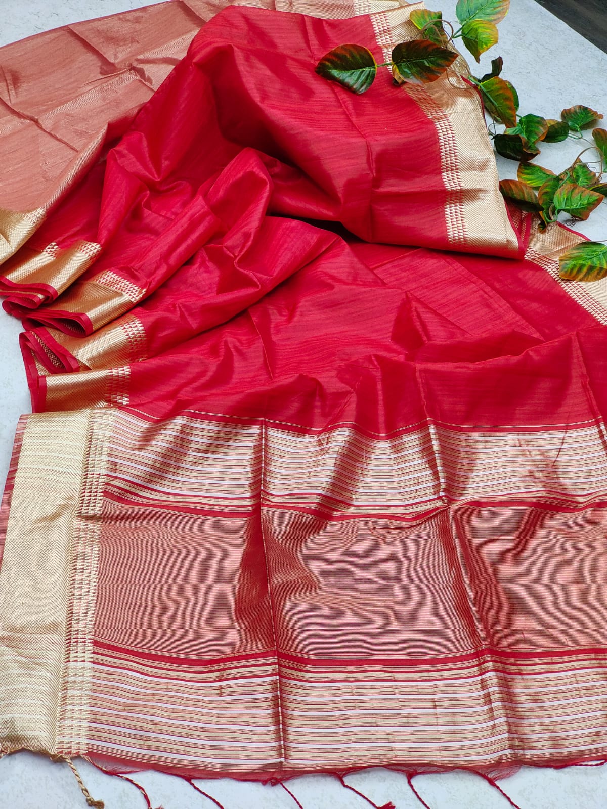 Red Tassar Silk Saree With Jhalar