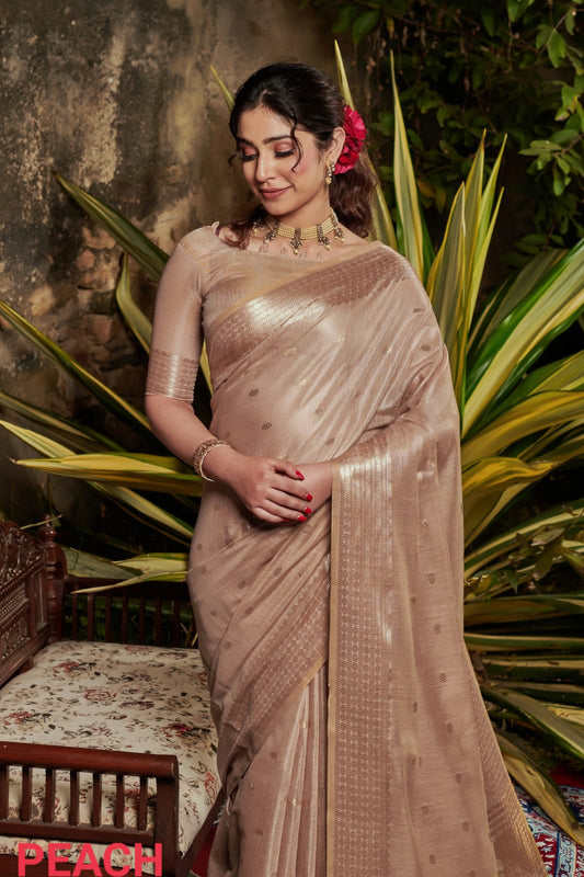 Maheshwari Tissue Silk Weaving Peach Colour Saree