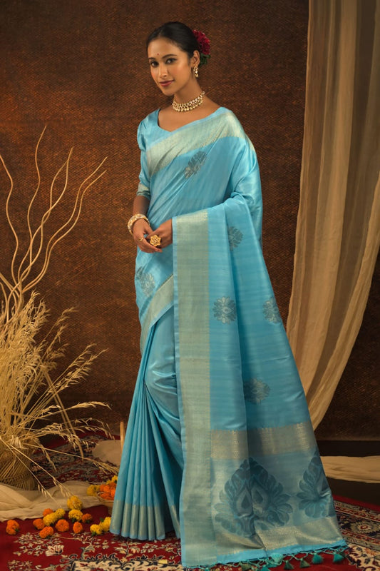 Sky Blue Soft Mulberry Silk Weaving Saree