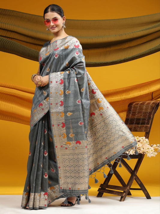 Grey Meena woven Border And Zari Woven Pallu With Fancy Tassels