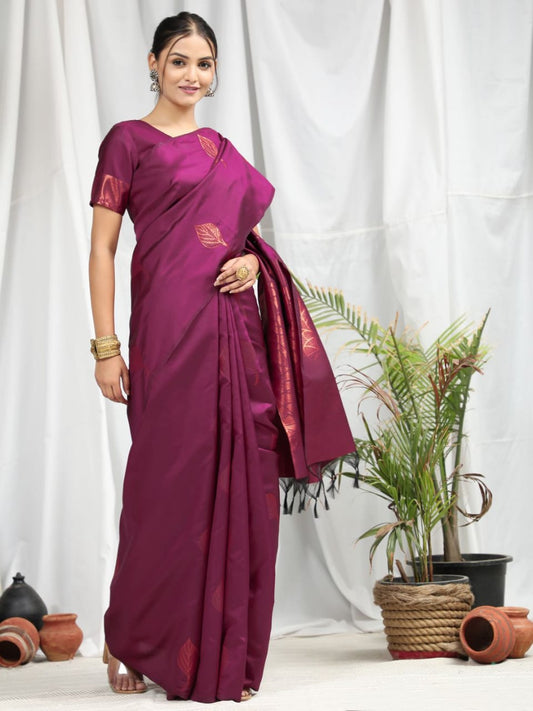 Wine Soft Silk Saree With Copper Zari Weaves Butties Saree