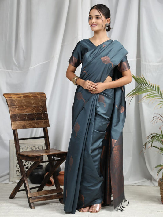 Grey Soft Silk Saree With Copper Zari Weaves Butties Saree