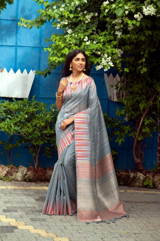 Grey Tussar Silk weaving saree with Ikkat woven Border