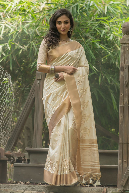 White Assam Silk Embroidered Saree