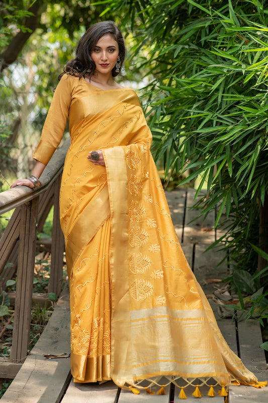 Mustard Assam Silk Embroidered Saree