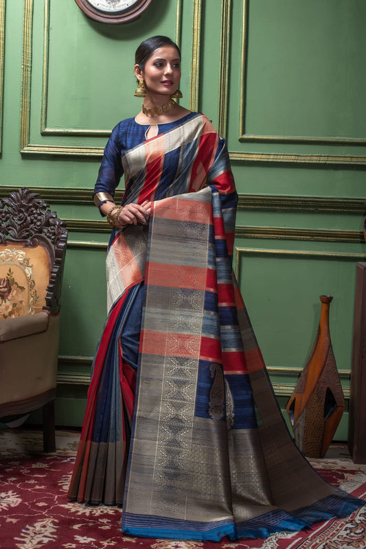 Navy Blue Tussar Silk Saree with unique Bishnoi broad Border