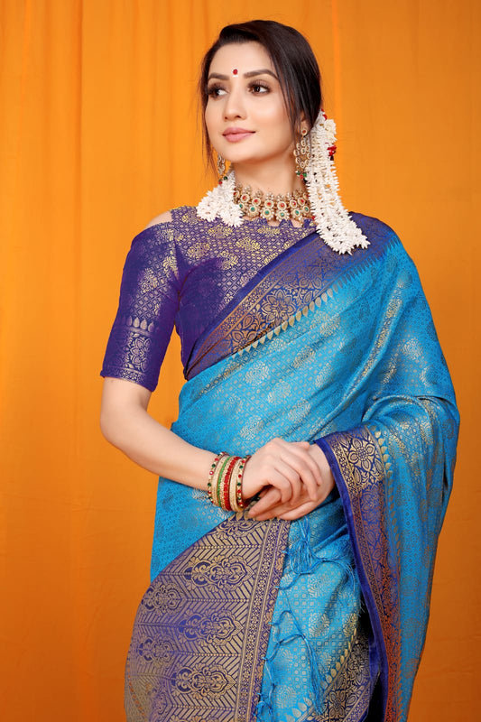 Blue Pure Soft Silk Saree With Hand dying And Zari Weaving Work