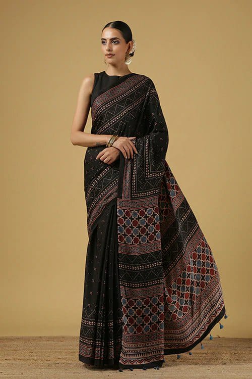 Black Ajarakh Digital Print Muslin Fabric Saree With Rich Glaze .