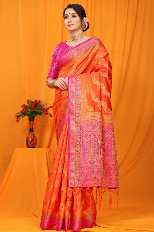 Orange Balatan Pure Silk Saree With Rich Pallu