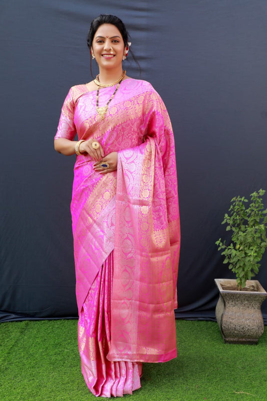 Pink Beautiful Kanchipuram Pure silk handloom saree with Pure Zari