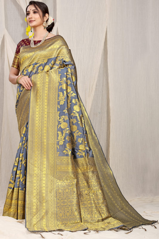 Grey Pure silk saree with gold Jari weaving work