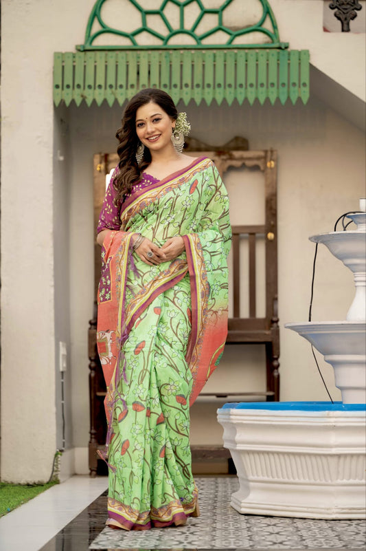 Pale Green Linen Cotton Pichwai Print  Saree