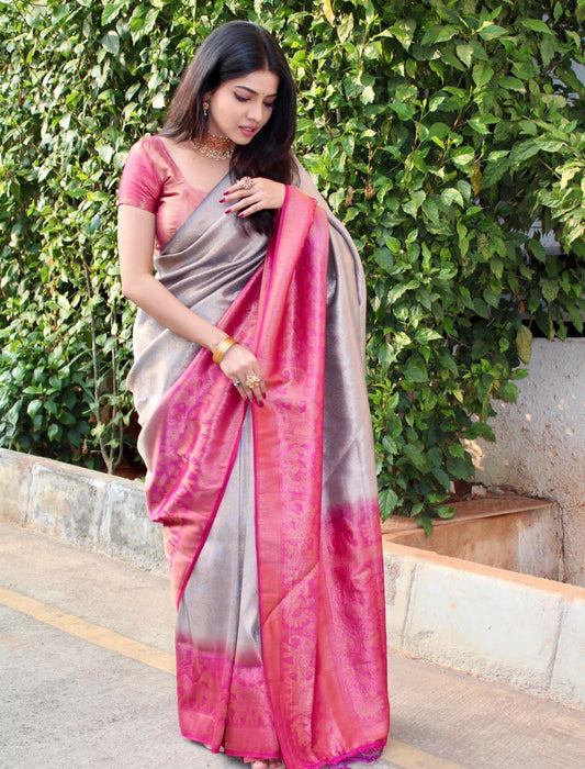 Pink Special 3D Weaving Lichi Silk Banarasi Saree