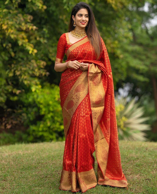 Orange Banarasi Saree With Lichi Silk Fab