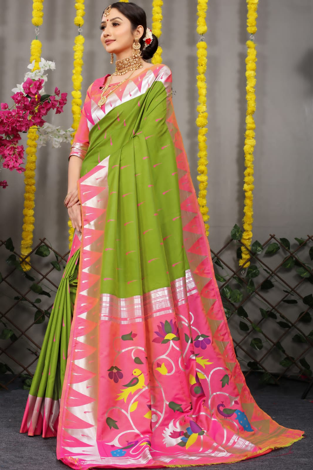 Parrot Green Woven Art Silk Paithani Saree With Tassels