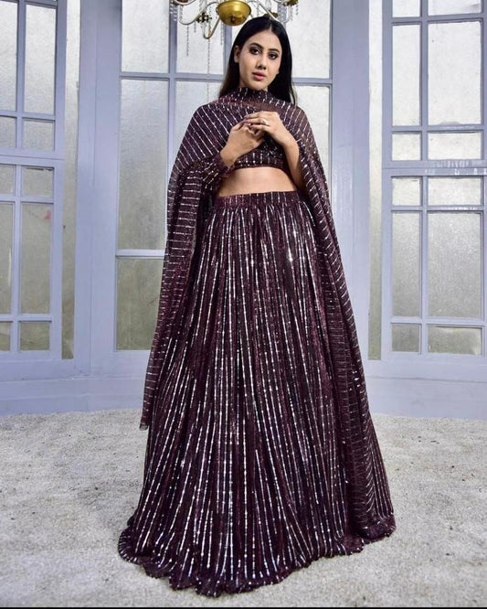 Wine Colour Embroidered Faux Georgette Party Wear Lehenga Choli