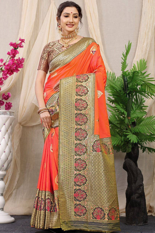 Orange Pure Silk With gold Jari and Meena work Kanchipuram Saree