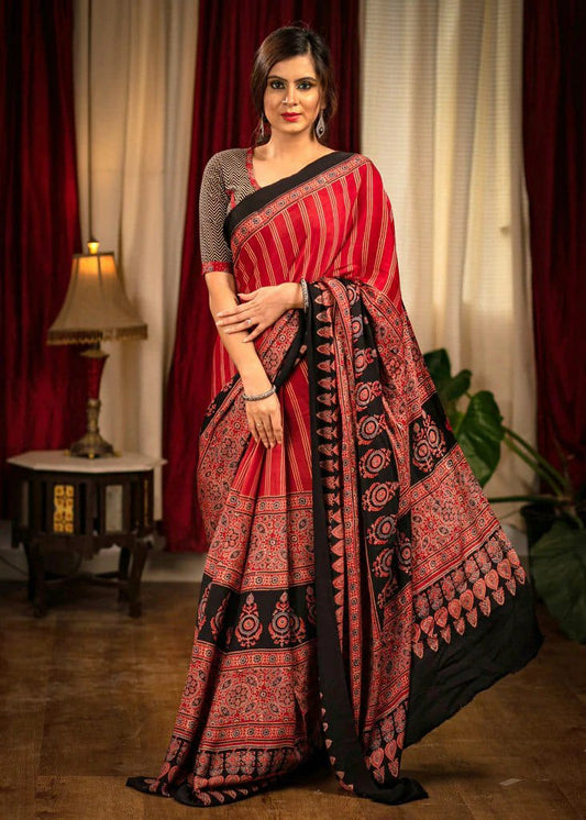 Red Ajarakh Digital Print Muslin Fabric Saree With Rich Glaze .