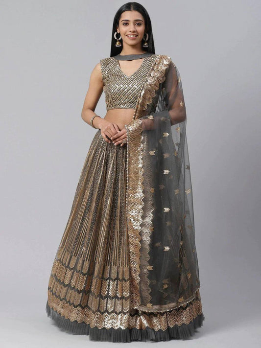 Grey Embroidered Faux Georgette Party Wear Lehenga Choli