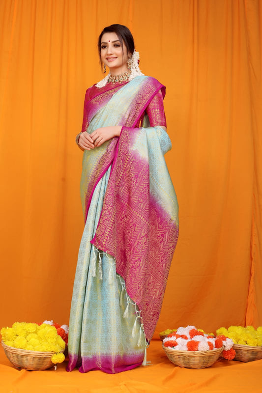 Pink Pure Soft Silk Saree With Hand dying And Zari Weaving Work