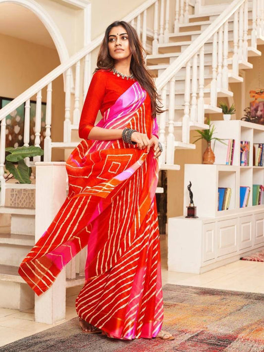 Red Sibori Printed Doriya Saree