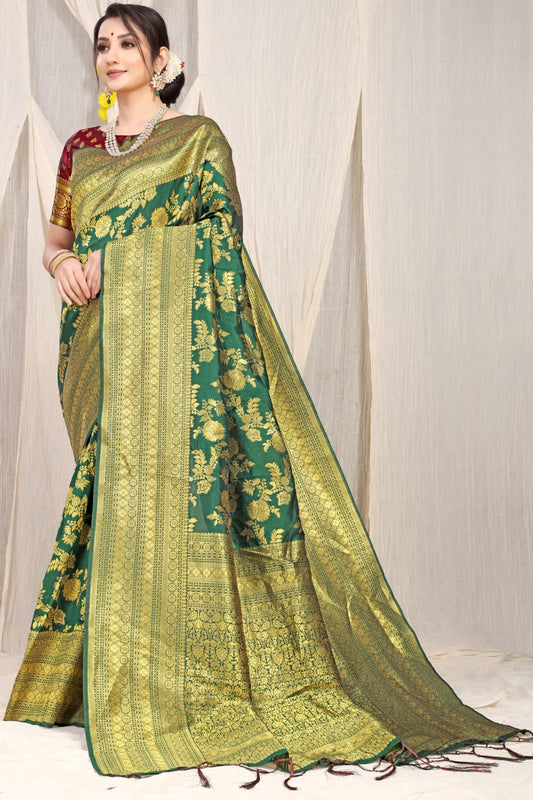 Green Pure silk saree with gold Jari weaving work And