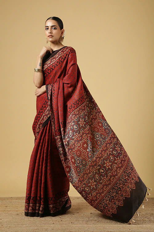 Red Ajarakh Digital Print Muslin Fabric Saree With Rich Glaze .