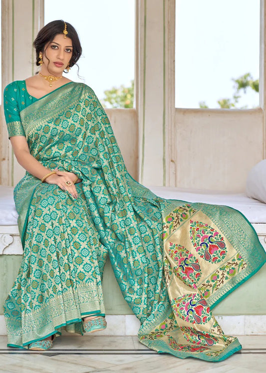 Mint Soft Silk Bandhani Saree With Pure Jari Work