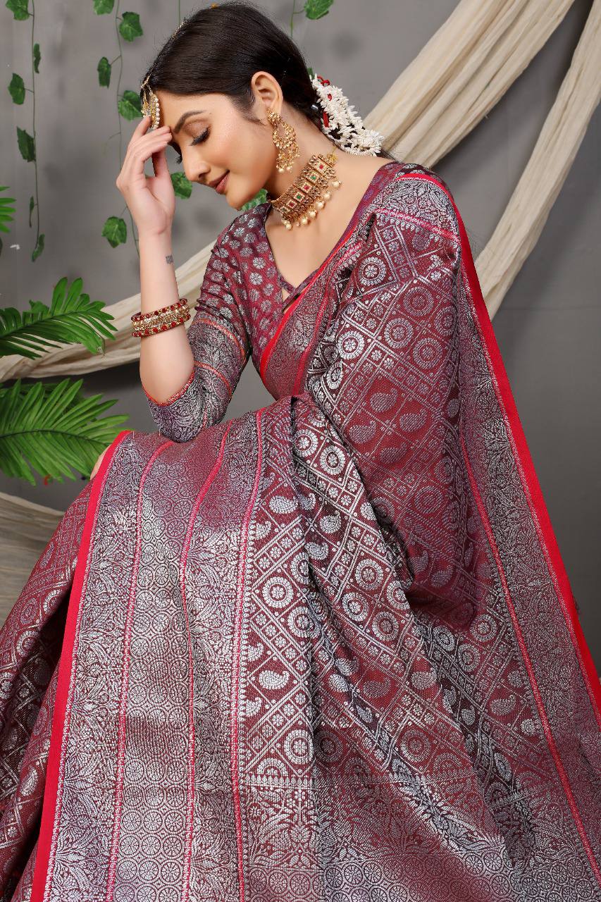 Buy HOUSE OF BEGUM Red Katan Silk With Silver Zari Work with Blouse Piece |  Shoppers Stop